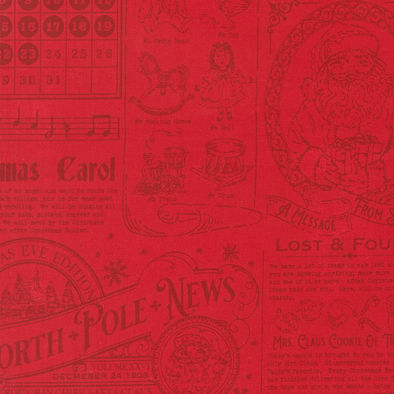Tonal red fabric featuring the North Pole News with articles, images, and recipes for the Christmas season.