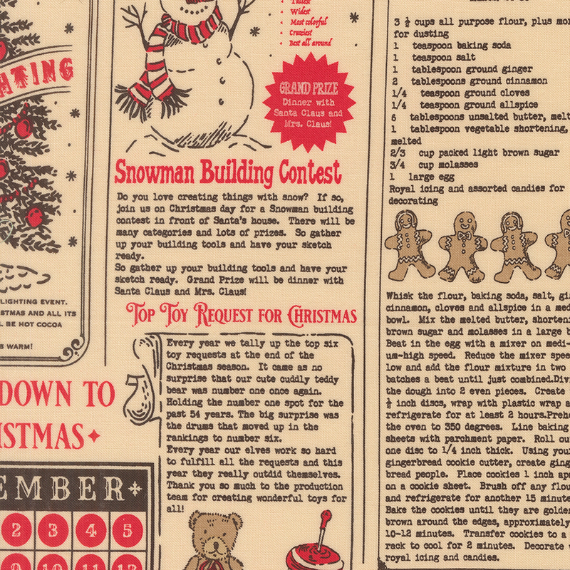 Tan fabric featuring the North Pole News with articles, images, and recipes for the Christmas season.