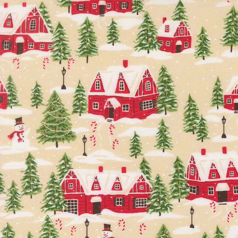 Tan fabric featuring red cottages, evergreen trees, and snowmen dusted with snow and decorated with candy canes.