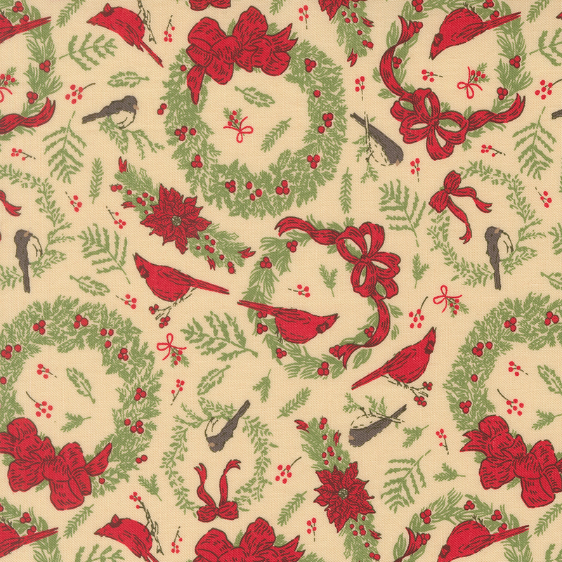 Wreaths and garlands of holly, red ribbons, and cardinals tossed on a tan background.
