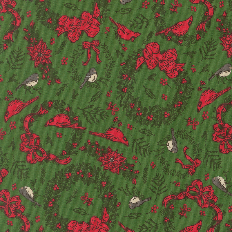 Wreaths and garlands of holly, red ribbons, and cardinals tossed on an evergreen background.