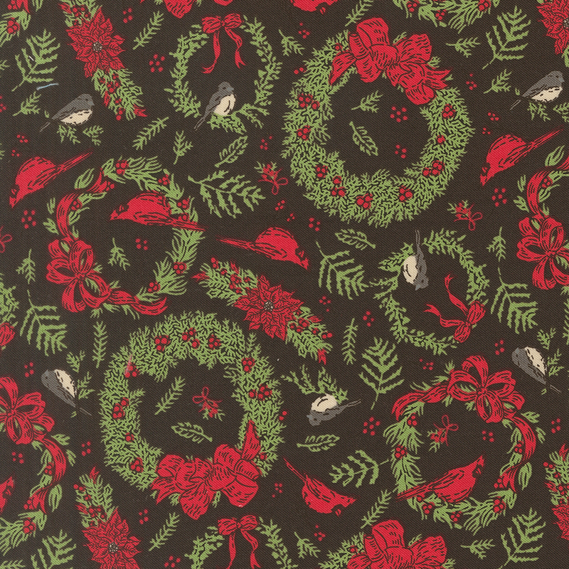Wreaths and garlands of holly, red ribbons, and cardinals tossed on a pitch black background.