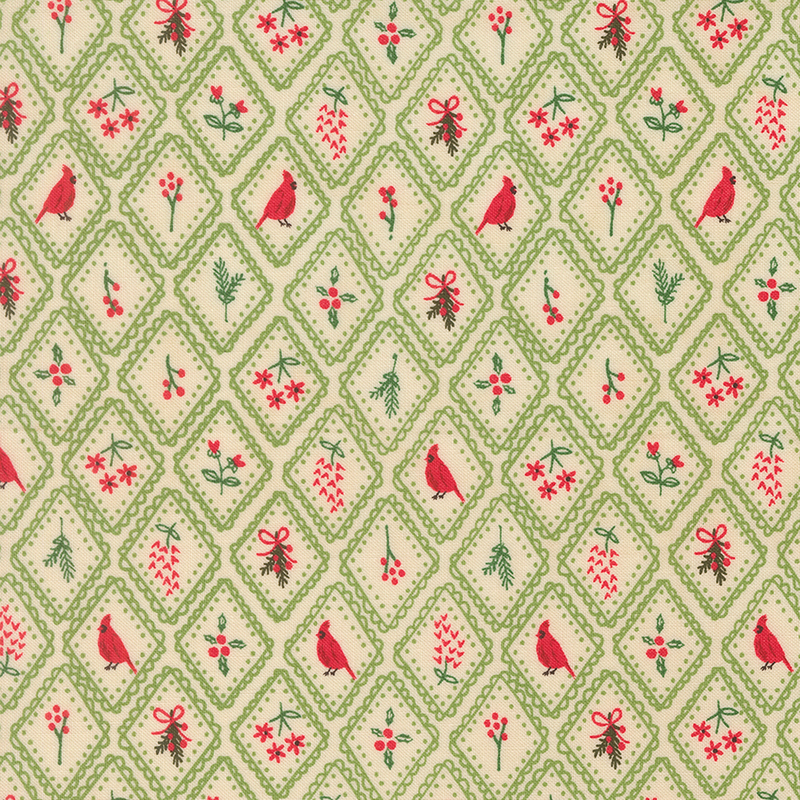 Tan fabric featuring green scalloped diamond-shaped art displays of red cardinals, holly, mistletoe, and flowers.