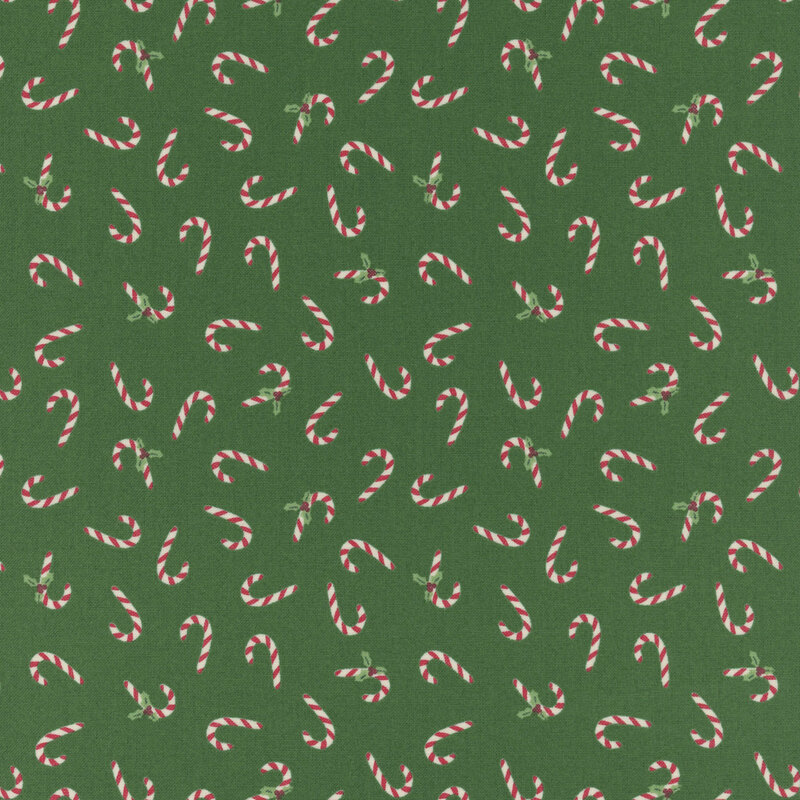 Red and white striped candy canes and holly tossed on a dark green background.
