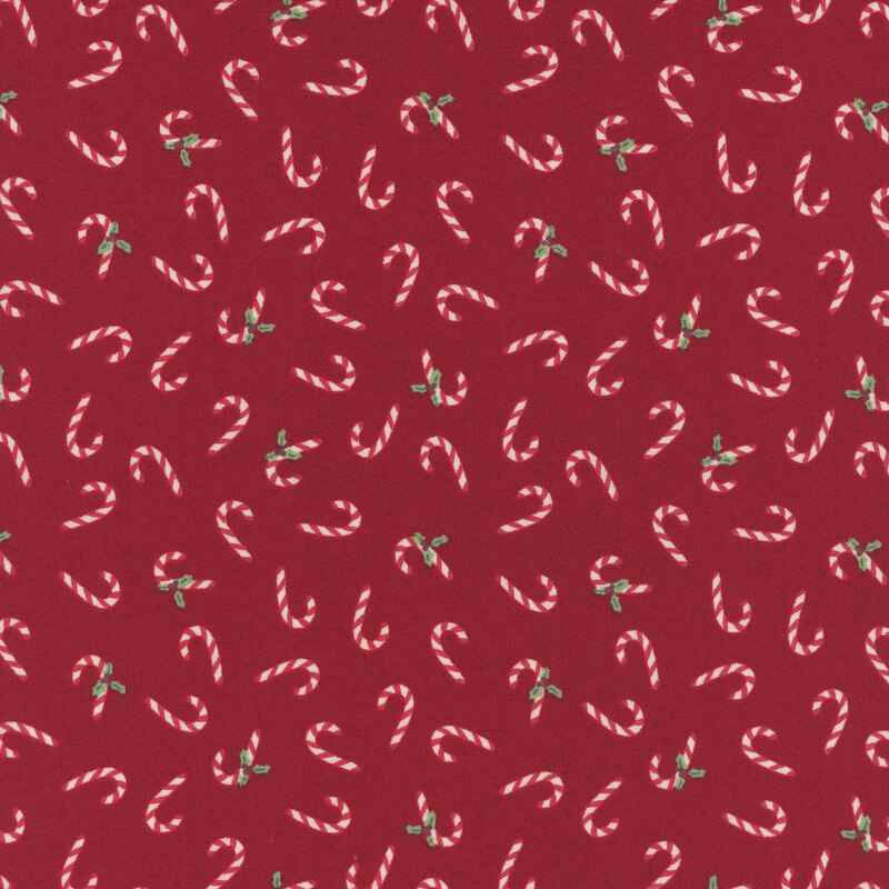 Red and white striped candy canes and holly tossed on a cranberry red background.