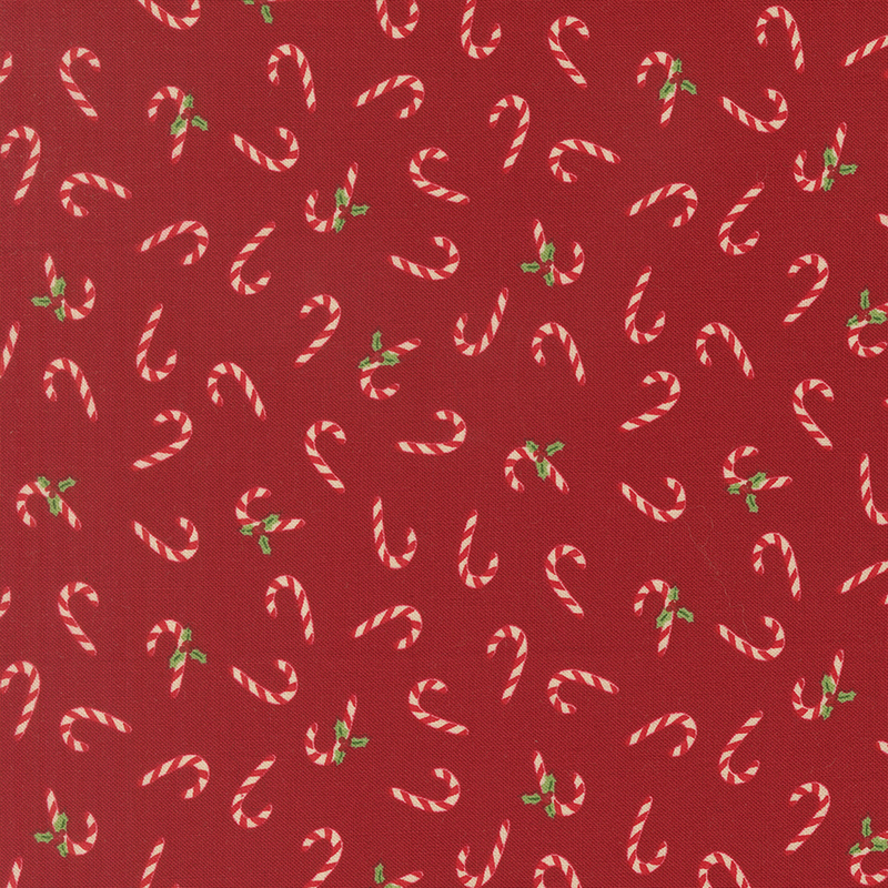 Red and white striped candy canes and holly tossed on a cranberry red background.