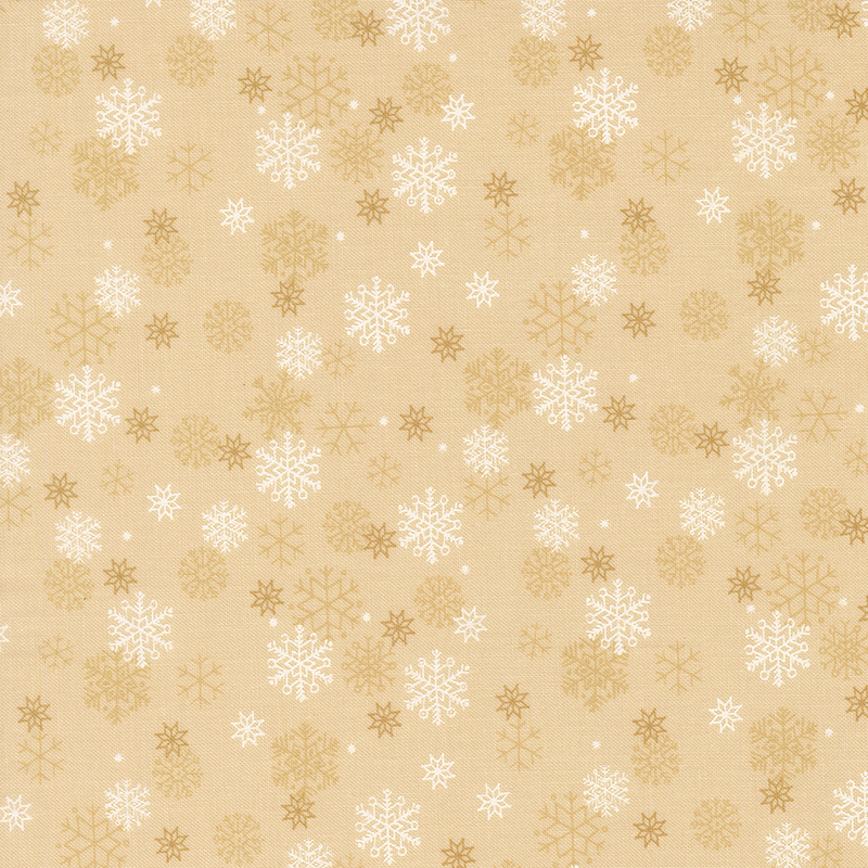 White and tonal snowflakes tossed on a tan background.