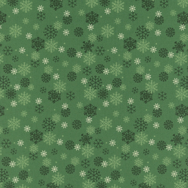 White and tonal snowflakes tossed on a dark green background.