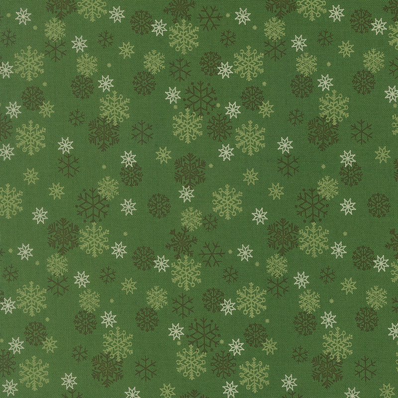 White and tonal snowflakes tossed on a dark green background.
