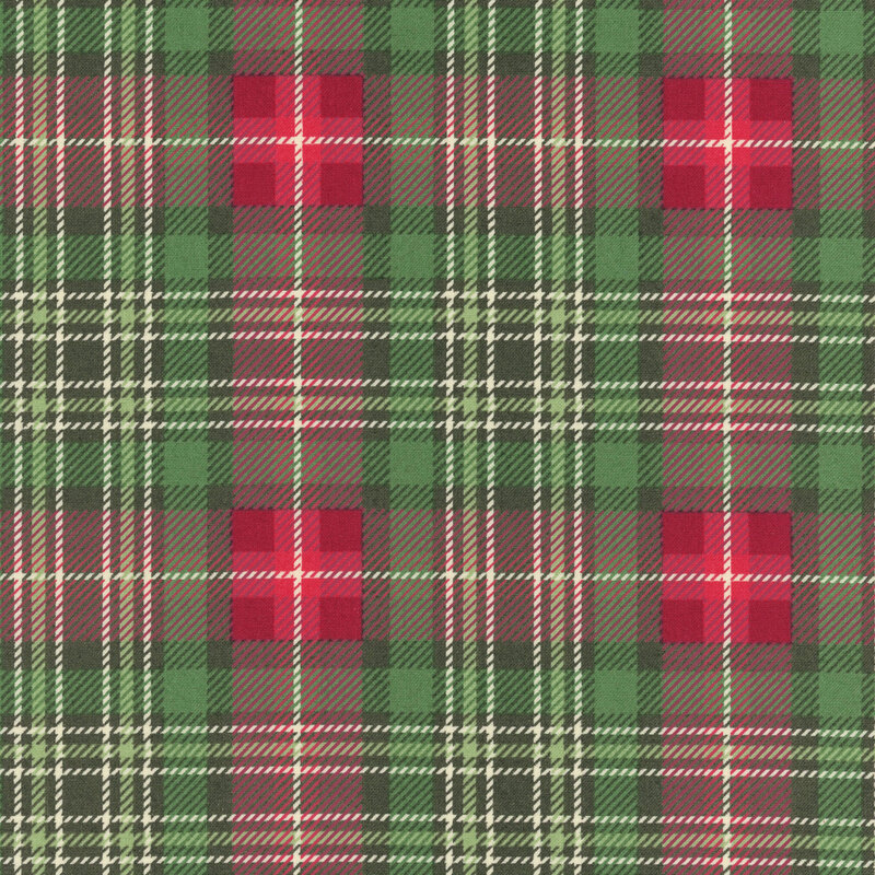 Red and tan plaid on evergreen fabric
