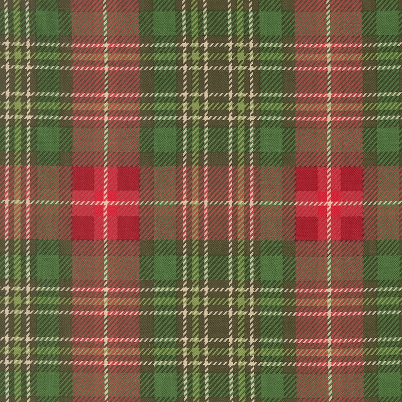 Red and tan plaid on evergreen fabric