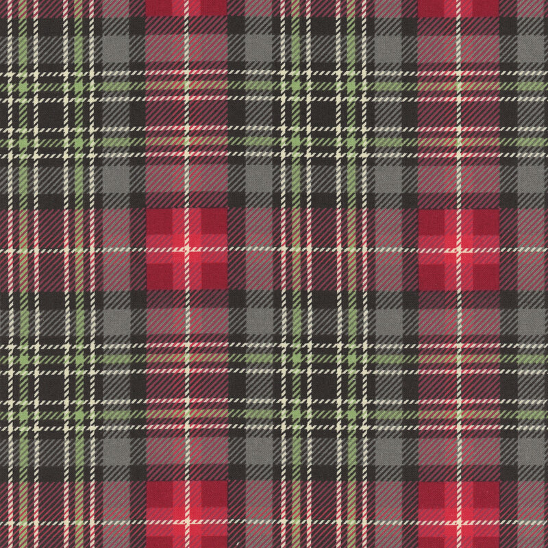 Red, green, and tan plaid on black fabric.