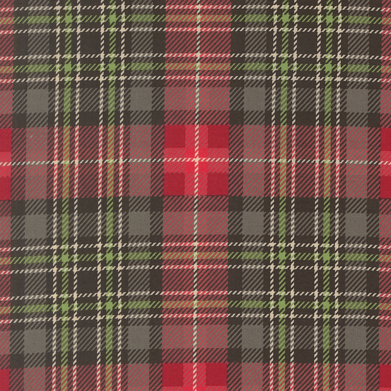 Red, green, and tan plaid on black fabric.