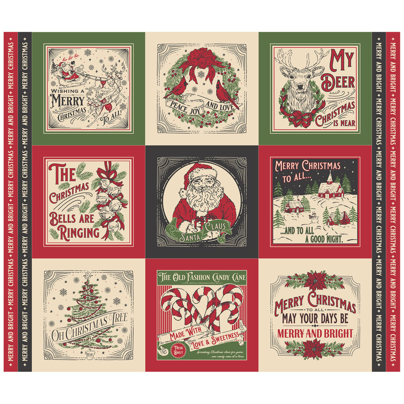 Panel fabric featuring festive Christmas themed blocks, jolly holiday phrases, and vintage decorations.