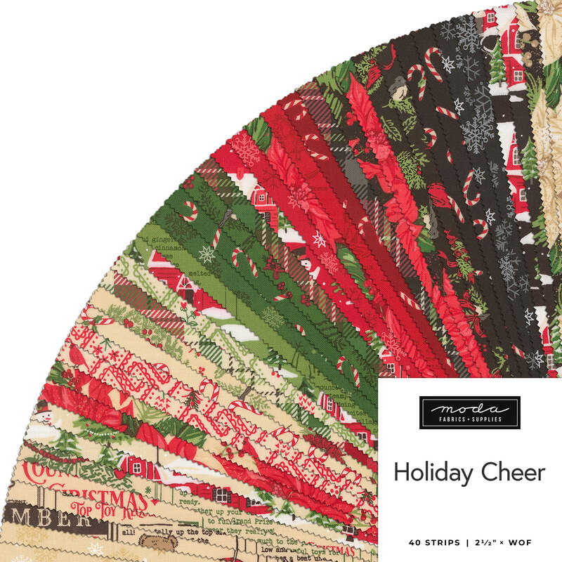 A collage of fabric strips in tan, green, red, and black with a Christmas theme in a circular display, labeled Holiday Cheer from Moda Fabrics.