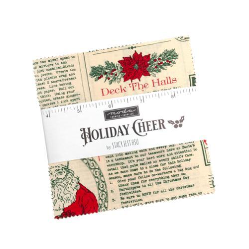 Fabric bundle titled Holiday Cheer from Moda Fabrics, featuring tan, green, red, and black fabrics with a Christmas theme.