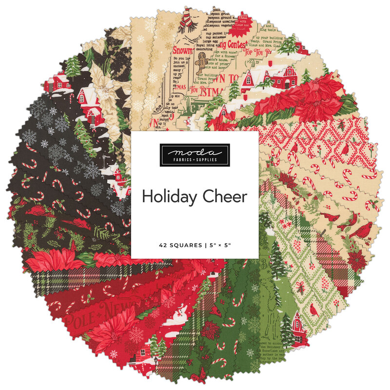 A collage of fabric swatches in tan, green, red, and black in a circular pattern, labeled Holiday Cheer from Moda Fabrics.