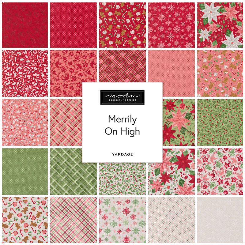 Collage of fabric from the collection in festive red, green and white, featuring Christmas motifs such as candycanes, snowflakes, gingerbread men, and poinsettias