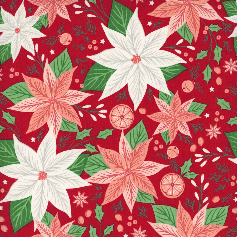A cranberry red fabric with pink and white poinsettia flowers, holly leaves, orange slices, and sleigh bells