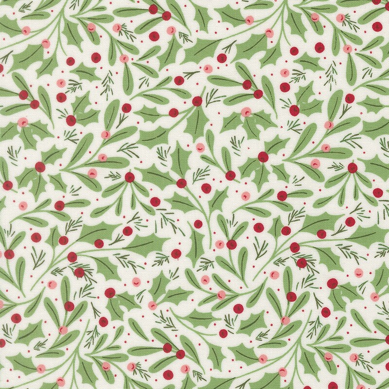 White fabric with a pattern of holly leaves and berries, along with mistletoe