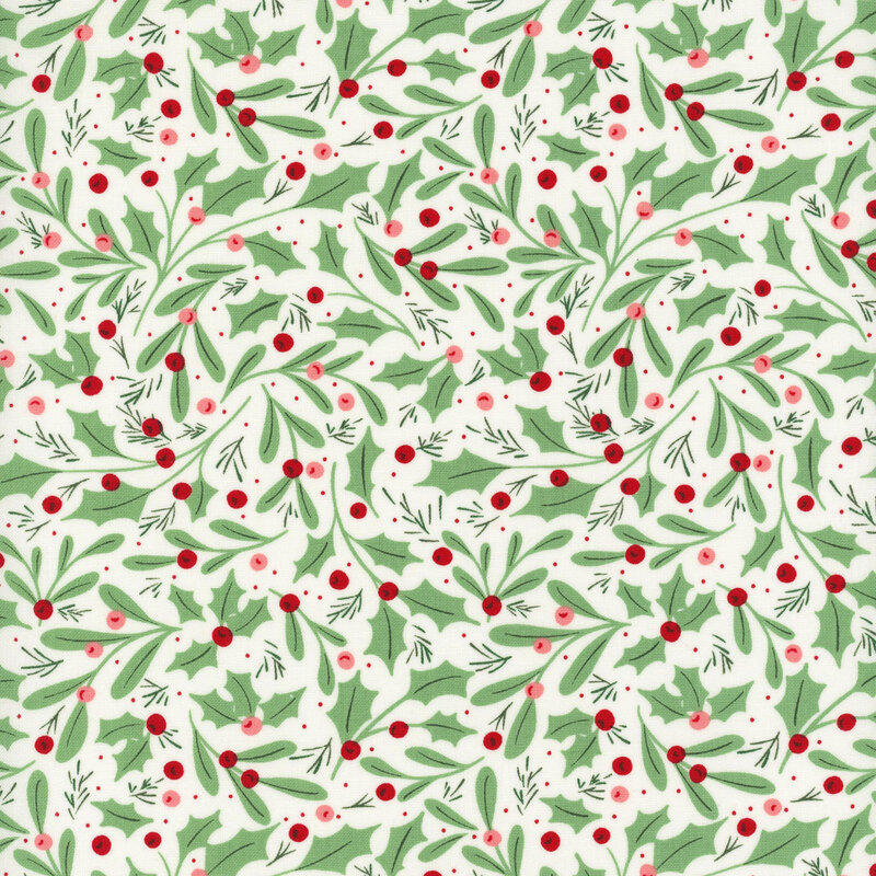White fabric with a pattern of holly leaves and berries, along with mistletoe