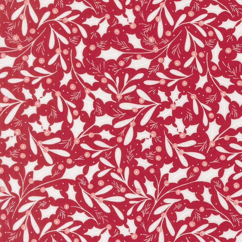 Red fabric with a pattern of white holly leaves and pink berries, along with white mistletoe