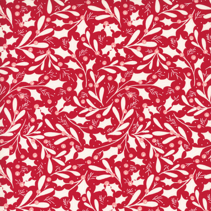 Red fabric with a pattern of white holly leaves and pink berries, along with white mistletoe