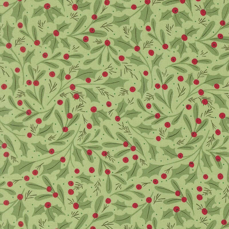 Pistachio green fabric with a pattern of holly leaves and red berries, along with mistletoe