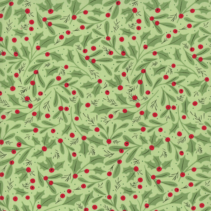 Pistachio green fabric with a pattern of holly leaves and red berries, along with mistletoe