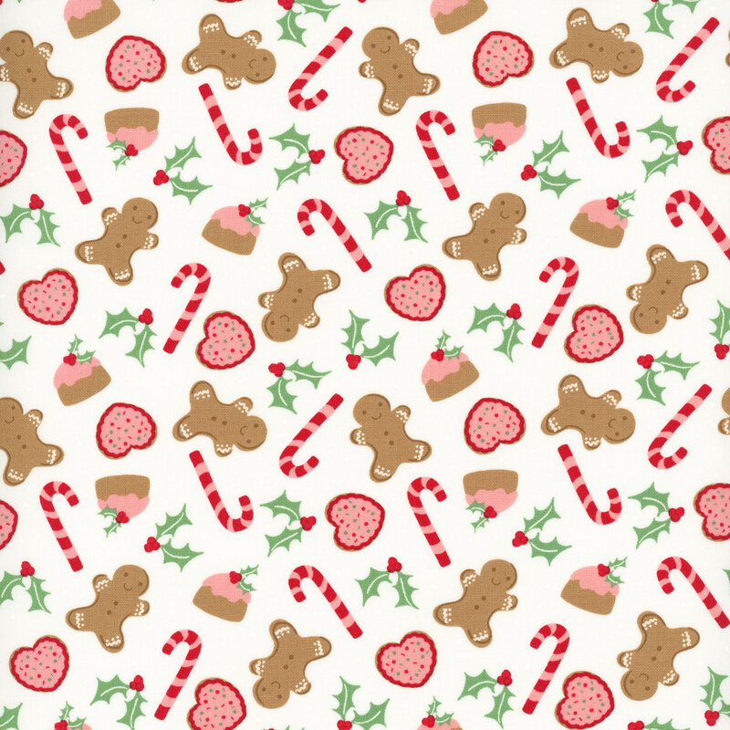 Off-white fabric with candy canes, holly leaves, gingerbread men, and other baked goods