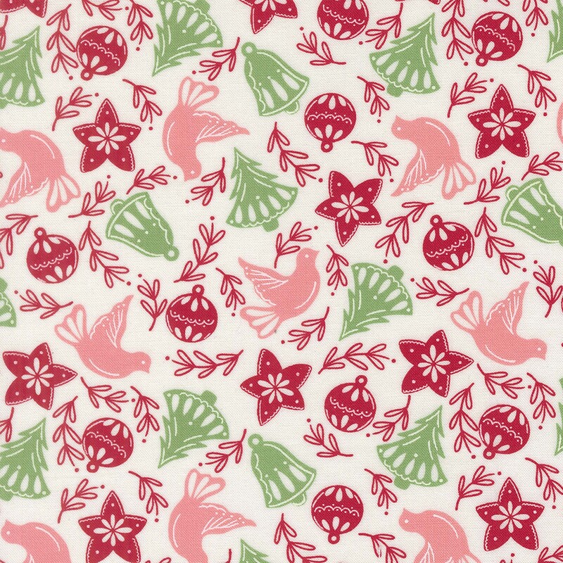 Off-white fabric with green Christmas trees and bells, red leaves, stars, and ornaments, and pink doves