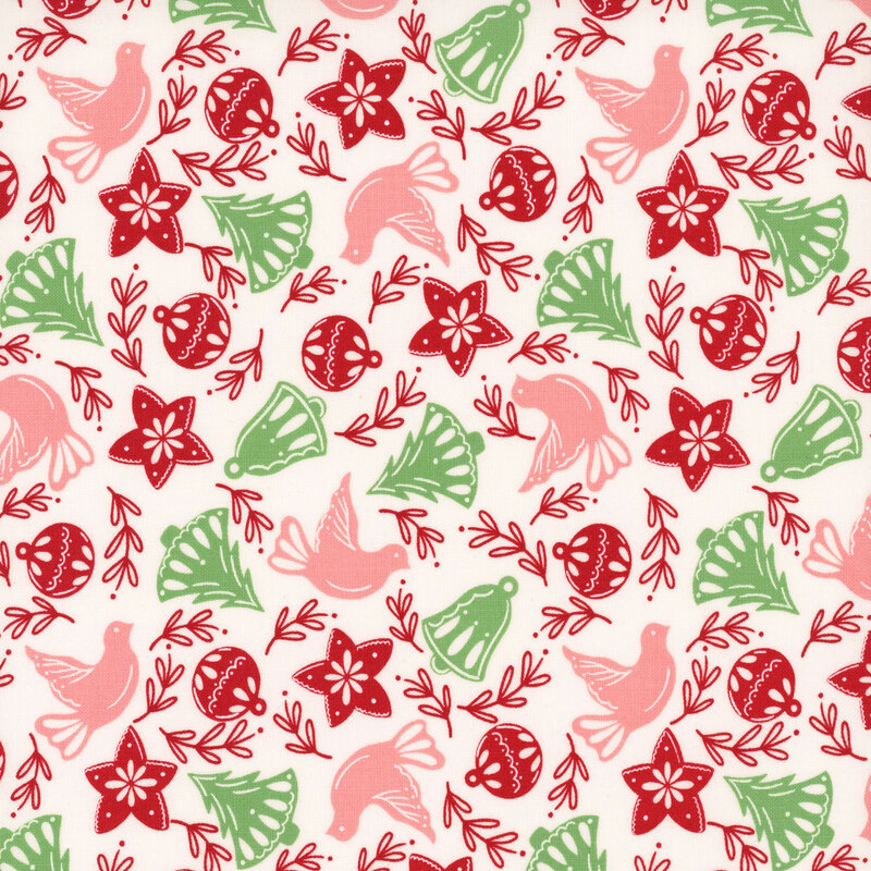 Off-white fabric with green Christmas trees and bells, red leaves, stars, and ornaments, and pink doves
