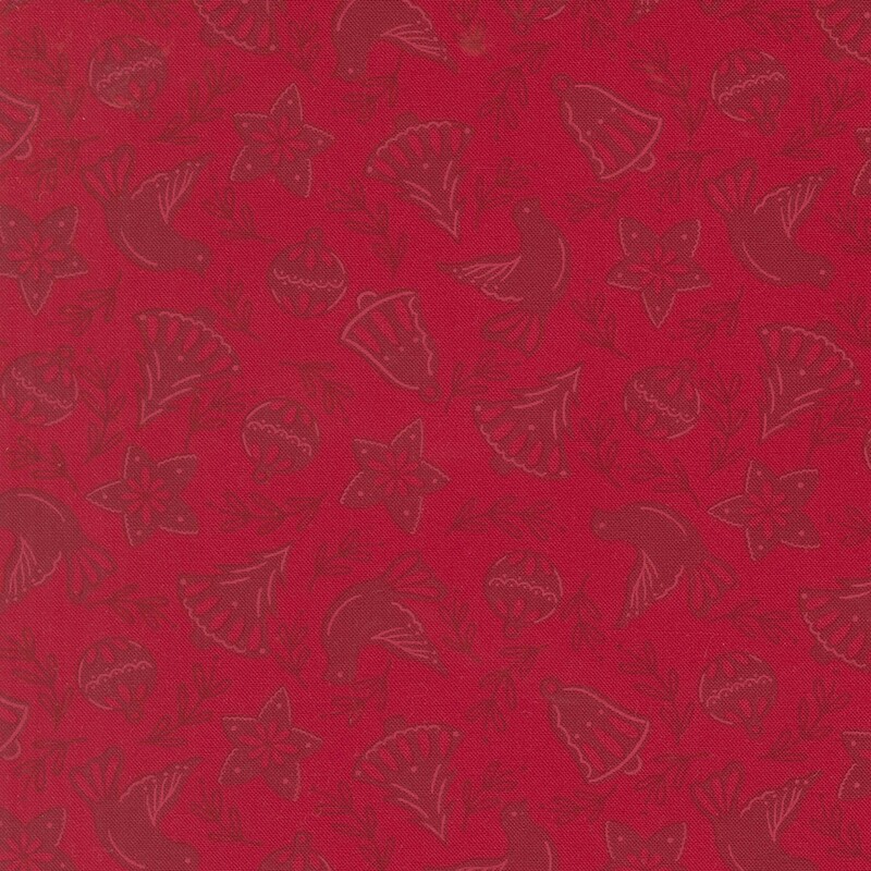 Cranberry red fabric with dark maroon Christmas trees, bells, leaves, stars, ornaments, and doves