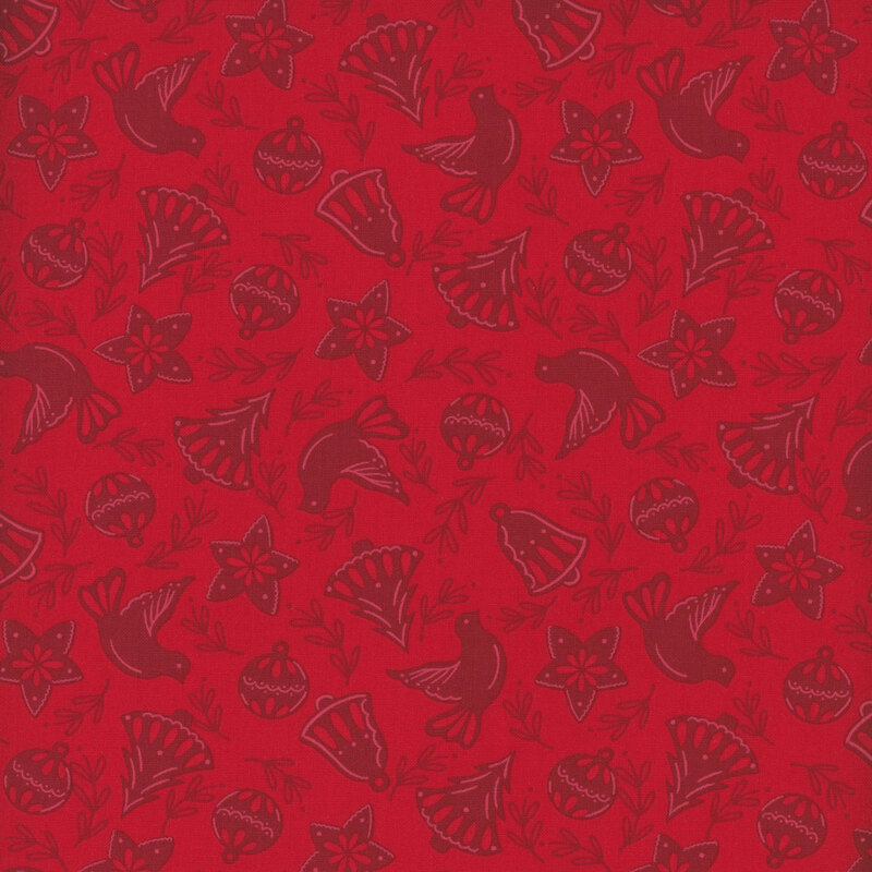 Cranberry red fabric with dark maroon Christmas trees, bells, leaves, stars, ornaments, and doves