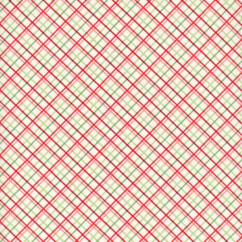 White fabric with a red, pink, and green diagonal windowpane plaid pattern