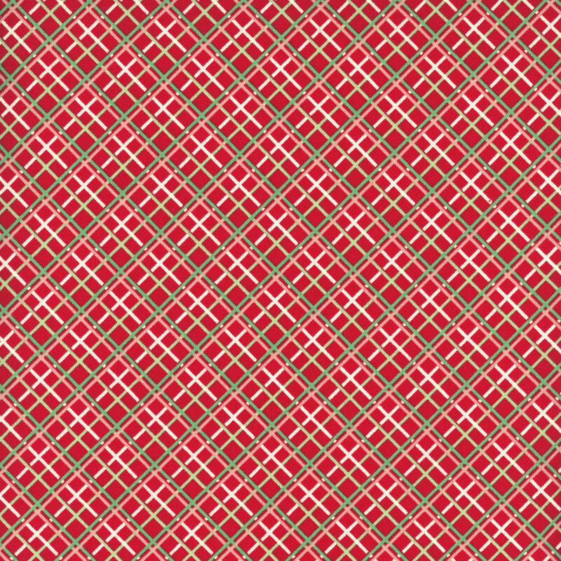 Christmas red fabric with a white, pink, and green diagonal windowpane plaid pattern