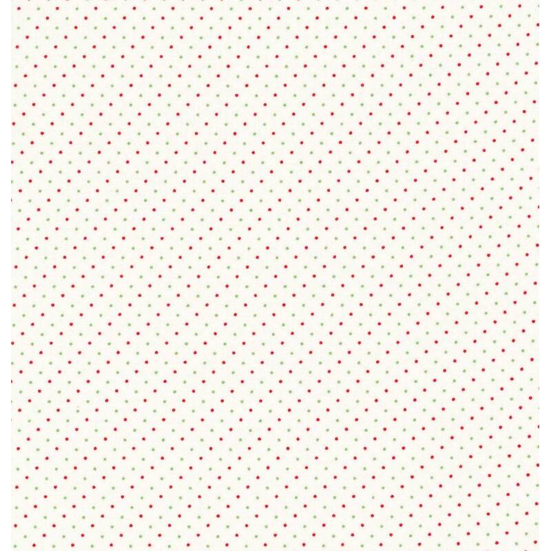 White fabric with polka dots in light green and red