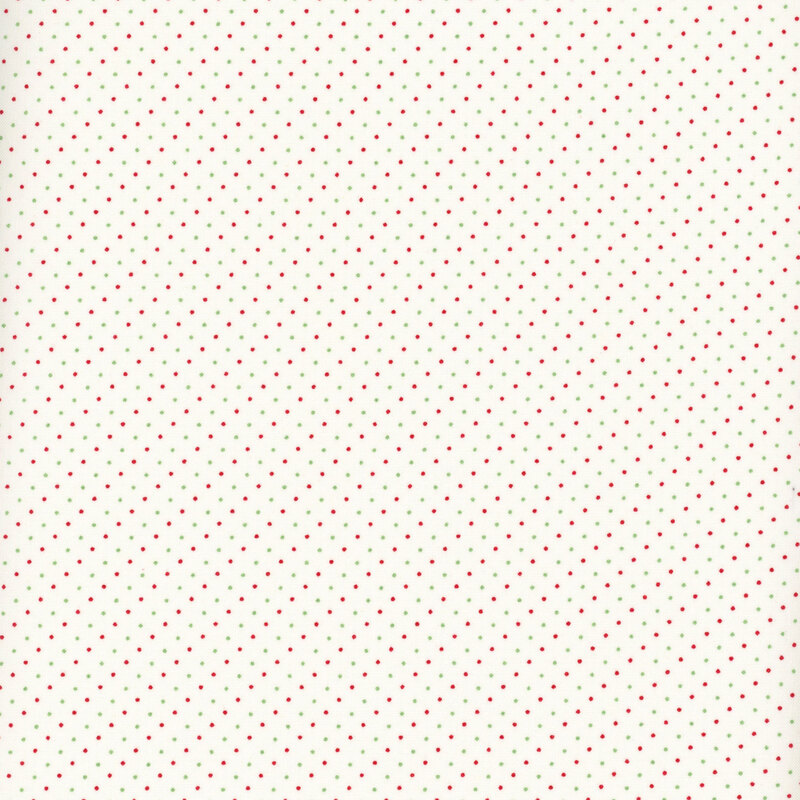 White fabric with a delicate pattern of pin dots in light green and red
