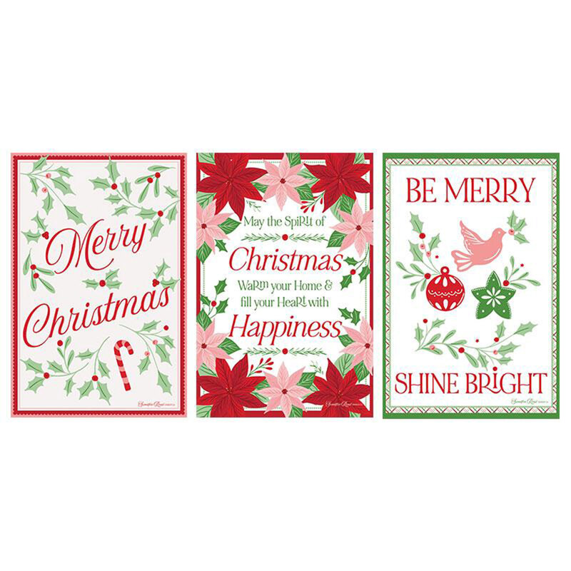 Digital image of three white tea towels, with festive details and Christmas themed text in the middle