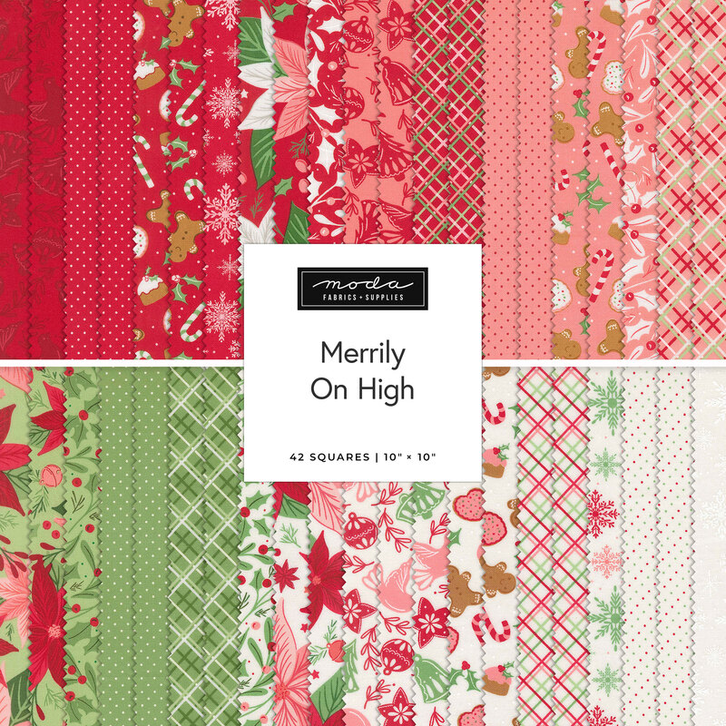 Collage of fabric from the collection in festive red, green and white, featuring Christmas motifs such as candycanes, snowflakes, gingerbread men, and poinsettias