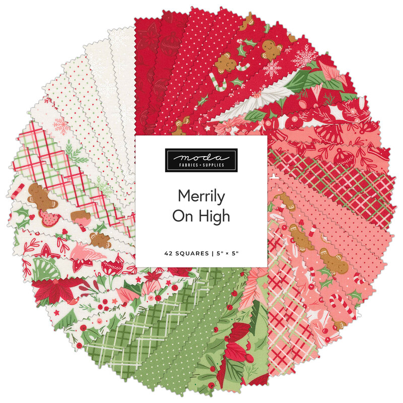 Circular collage of fabric from the collection in festive red, green and white, featuring Christmas motifs such as candycanes, snowflakes, gingerbread men, and poinsettias