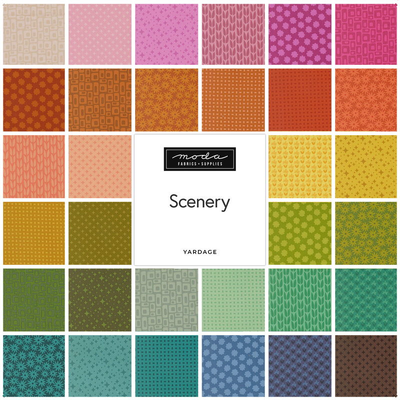 Collage of fabrics in the collection in rainbow jewel tones and pastels and various retro patterns