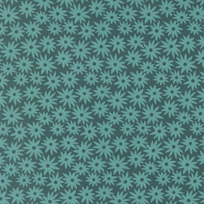 Deep teal fabric with bright turquoise daisies in a dense pattern