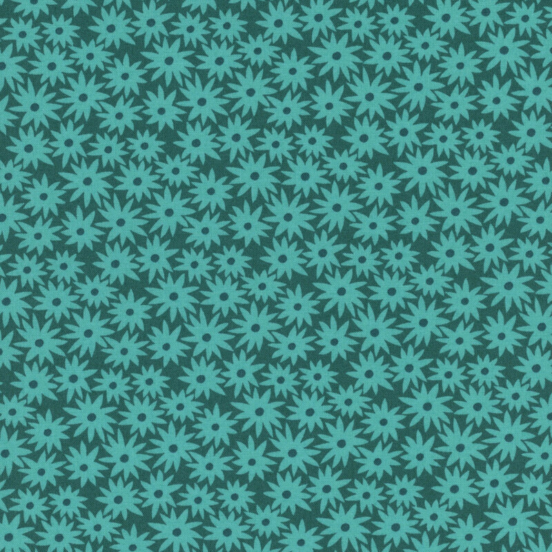 Deep teal fabric with bright turquoise daisies in a dense pattern