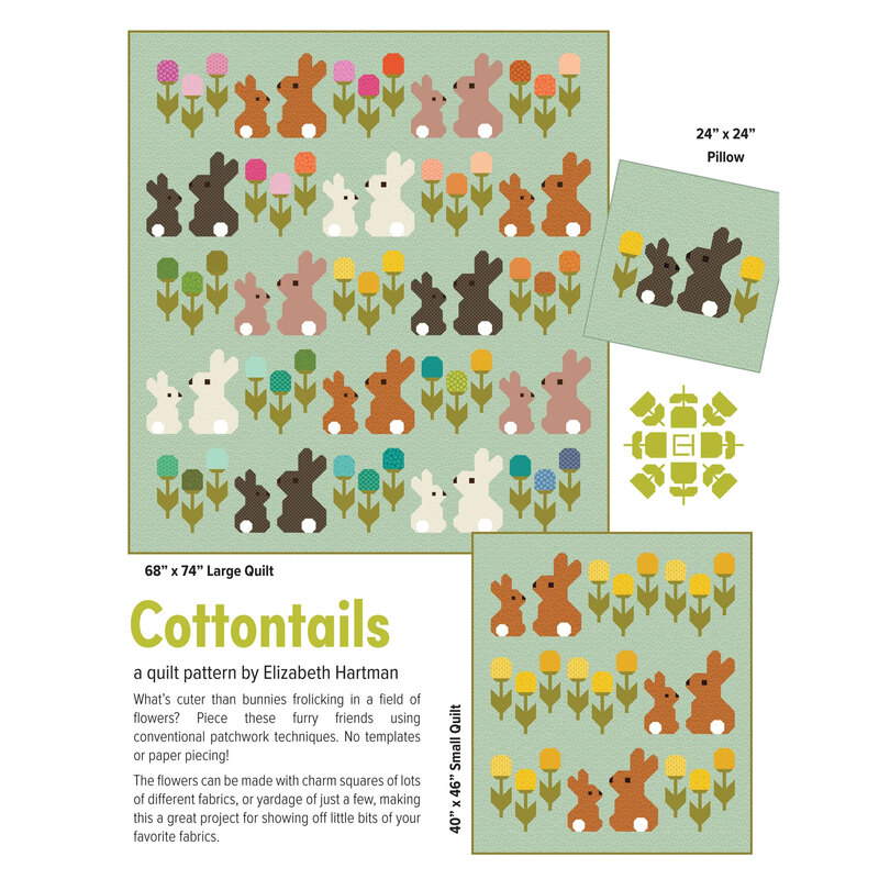 Front of Cottontails quilt pattern with a digital mock up of the finished large quilt, small quilt, and pillow designs