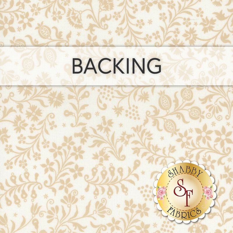White fabric swatch with a cookie cream floral and leaf pattern and a transparent banner that reads 