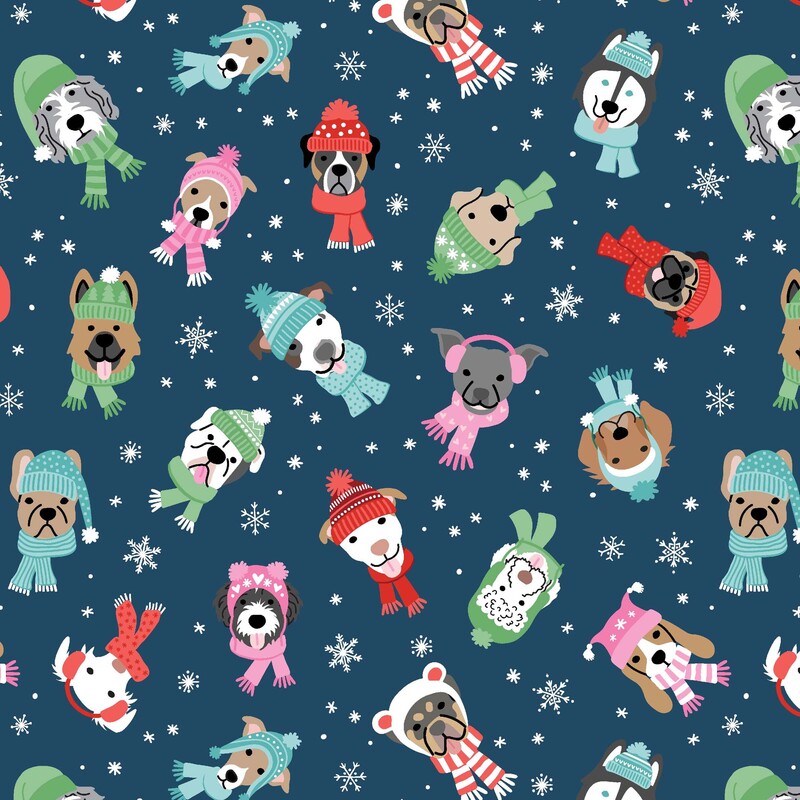 Indigo fabric with white dots, snowflakes, and dog heads with winter hats and scarves