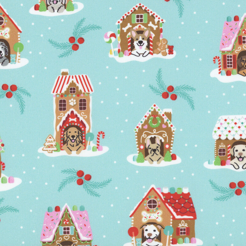 Aquamarine fabric with white dots, pine sprigs, and red berries, featuring dogs in decorated gingerbread doghouses