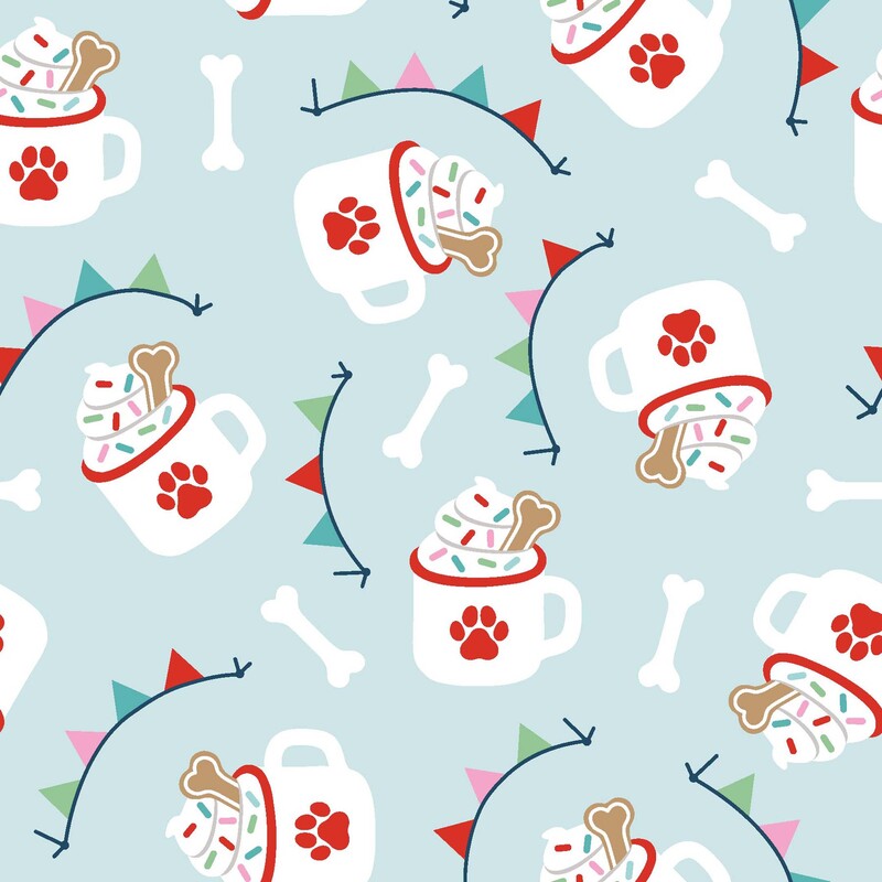 Ice blue fabric featuring pup cups in white mugs with red paw pints, as well as white bones and colorful banners