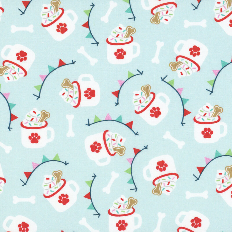 Ice blue fabric featuring pup cups in white mugs with red paw pints, as well as white bones and colorful banners